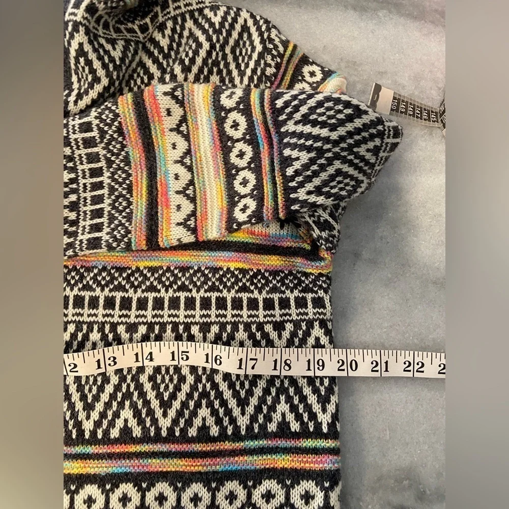 Monteau Size M Neon Stripe Black Cream Aztec Knit Open Front Hooded Cardigan
